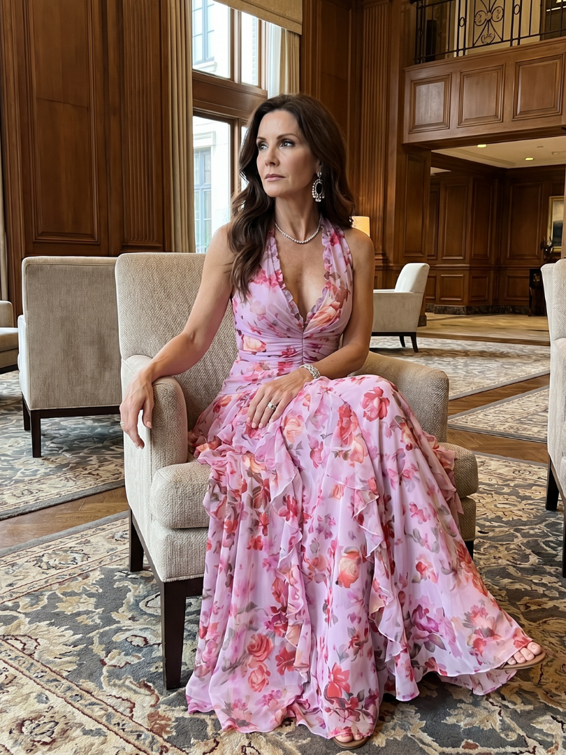 Nori | Vestido Maxi Floral con Escote Halter y Fruncido