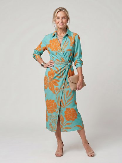 Leya | Vestido Midi Cruzado de Manga Larga con Rayas