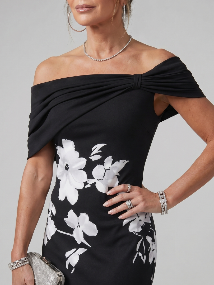 Cosma | Vestido Midi con Escote Bardot y Drapado Elegante