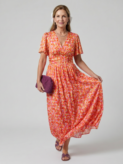 Juna | Vestido Midi Floral de Manga Corta