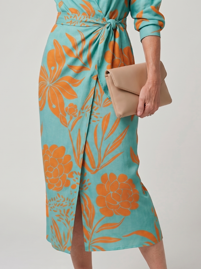 Leya | Vestido Midi Cruzado de Manga Larga con Rayas