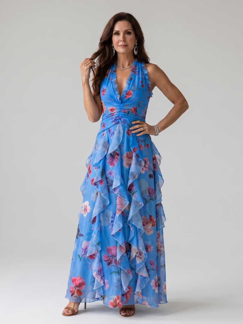 Nori | Vestido Maxi Floral con Escote Halter y Fruncido