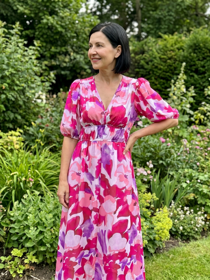 Candlia | Vestido Midi con Mangas Abullonadas y Estampado Abstracto