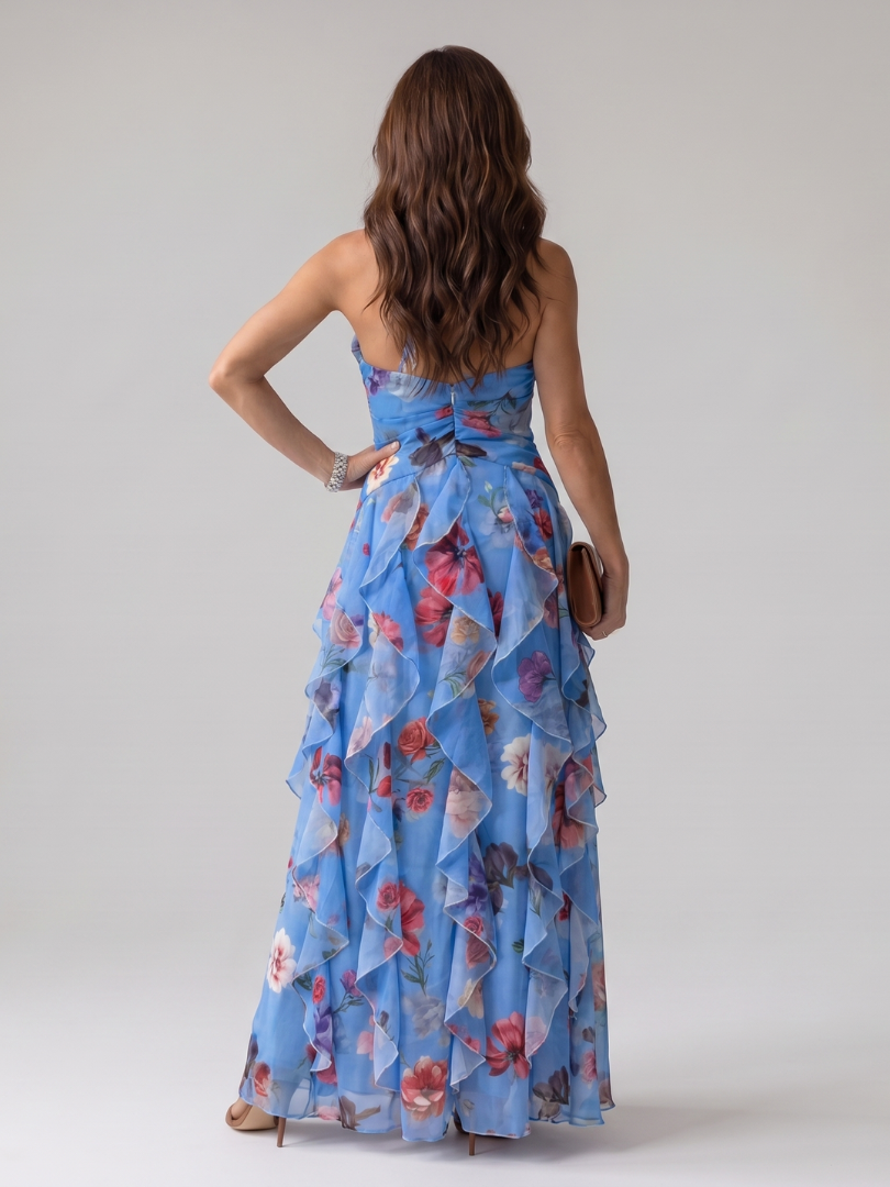 Nori | Vestido Maxi Floral con Escote Halter y Fruncido
