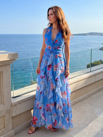 Nori | Vestido Maxi Floral con Escote Halter y Fruncido