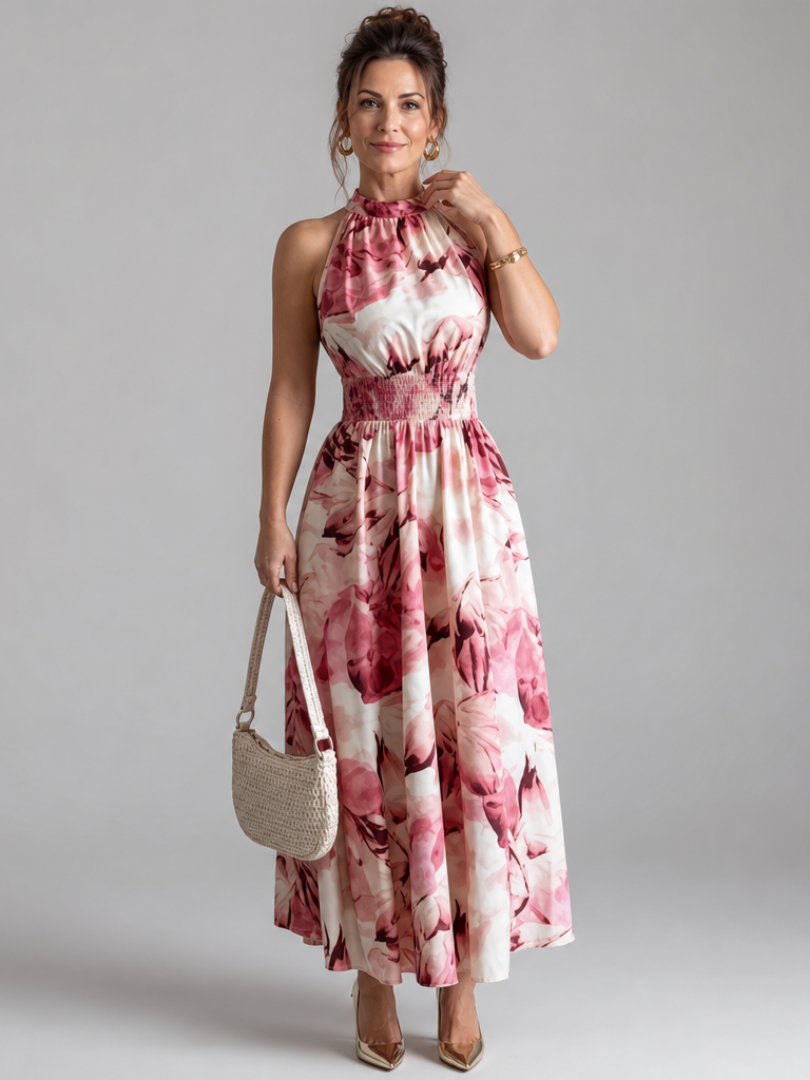 Olivia | Vestido Midi Abstracto con Cintura Fruncida