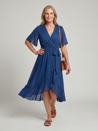 Keziah | Vestido Midi Cruzado con Bajo Fluido