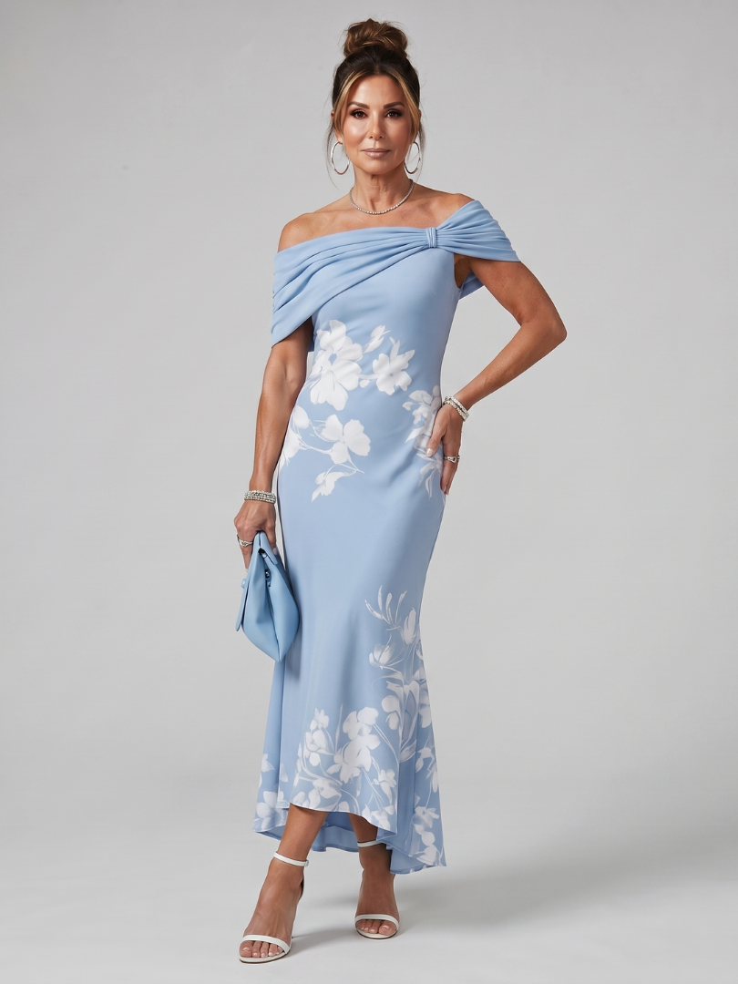 Cosma | Vestido Midi con Escote Bardot y Drapado Elegante