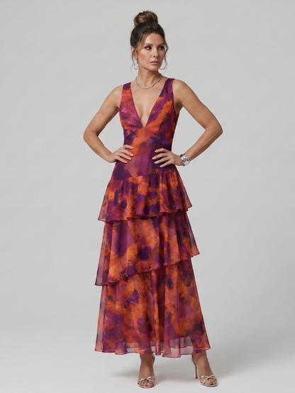 Gala | Vestido Midi sin Mangas con Escote en V y Estampado Artístico