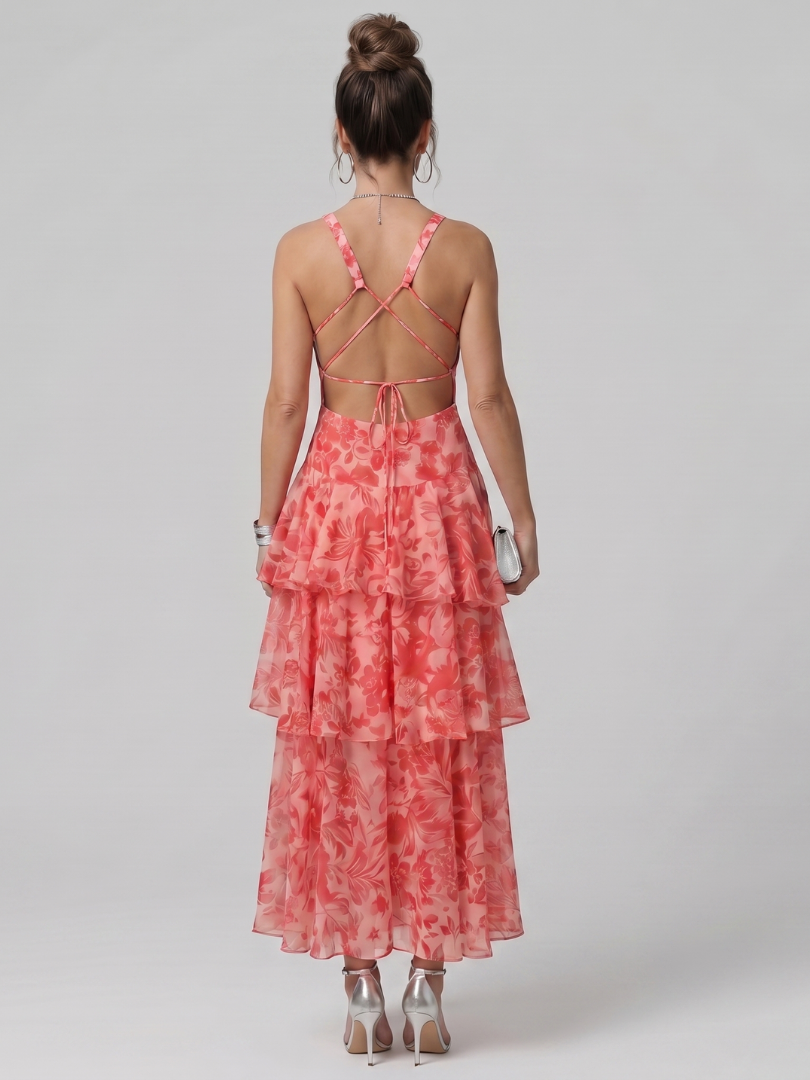 Gala | Vestido Midi sin Mangas con Escote en V y Estampado Artístico
