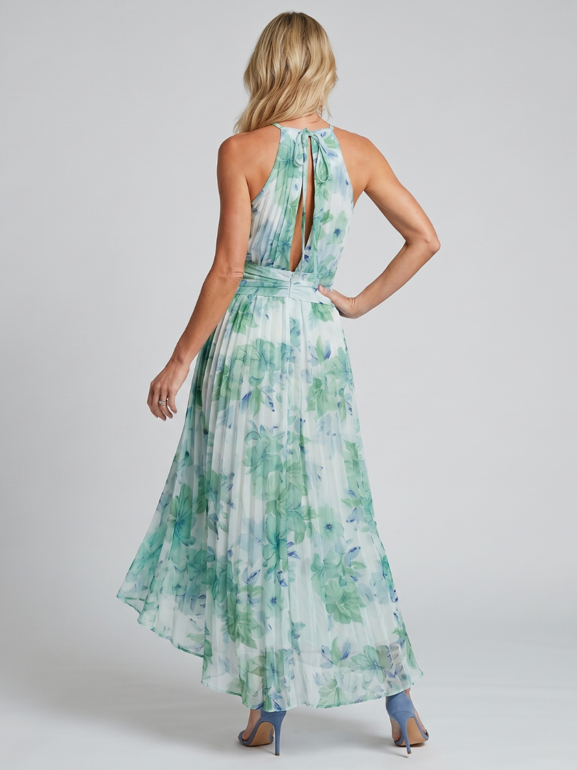 Portia | Vestido Midi Floral Plisado con Escote Halter