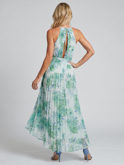 Portia | Vestido Midi Floral Plisado con Escote Halter
