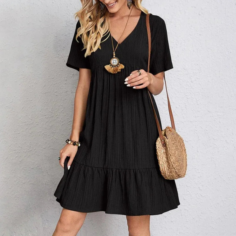 Alina | Vestido Plisado Fluido de Verano con Cuello en V