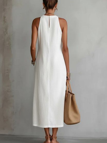 Amaya | Vestido Midi de Lino con Cuello Mandarín